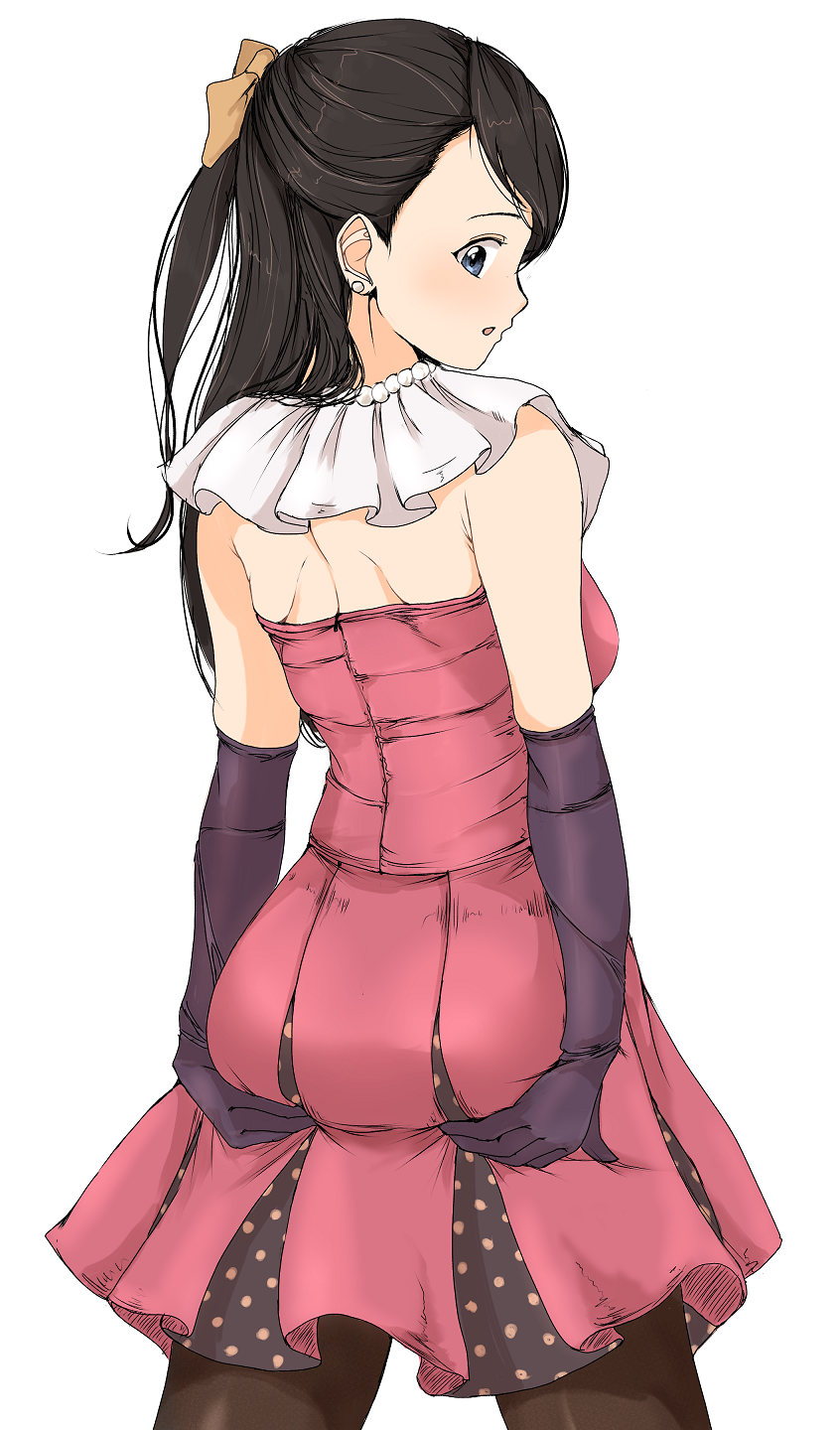 1girl, ass, ass_support, black_gloves, black_hair, black_pantyhose, blue_eyes, bow, collar, cowboy_shot, dress, earrings, elbow_gloves, from_behind, gatsby_ssl, gem, gloves, grabbing_own_ass, hair_bow, highres, idolmaster, idolmaster_cinderella_girls, jewelry, kurihara_nene, long_hair, looking_back, open_mouth, pantyhose, pearl_(gemstone), pink_dress, pleated_dress, polka_dot, simple_background, solo, strapless, strapless_dress, white_background, white_collar