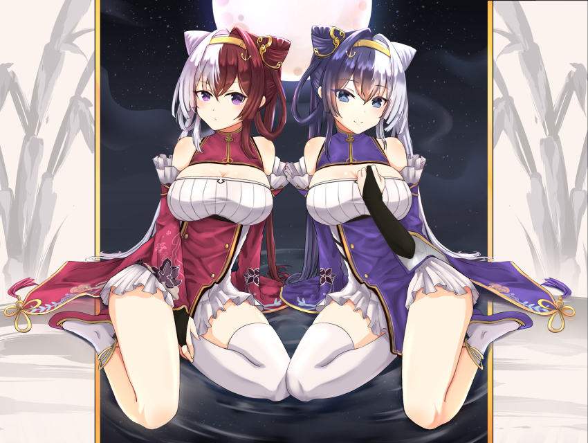 2girls, animal_ears, asymmetrical_legwear, azur_lane, bare_shoulders, black_gloves, blue_eyes, breasts