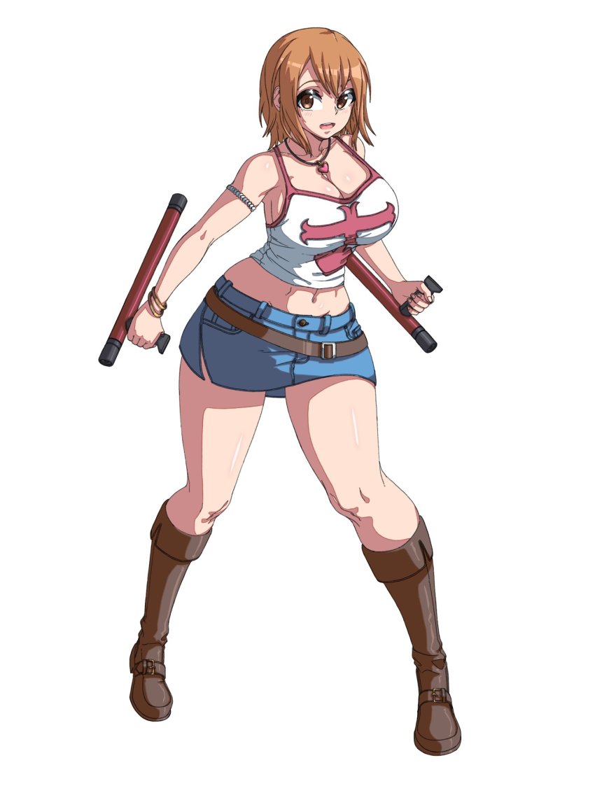 1girl, arm_strap, blue_skirt, boots, bracelet, breasts, brown_boots, brown_eyes, brown_hair, brups_tv, cleavage, crop_top, curvy, denim, denim_skirt, dual_wielding, elie_(rave), heart, heart_necklace, highres, holding, holding_weapon, jewelry, large_breasts, navel, necklace, rave_(mashima), short_hair, skirt, solo, thick_thighs, thighs, tonfa, weapon, white_background, wide_hips
