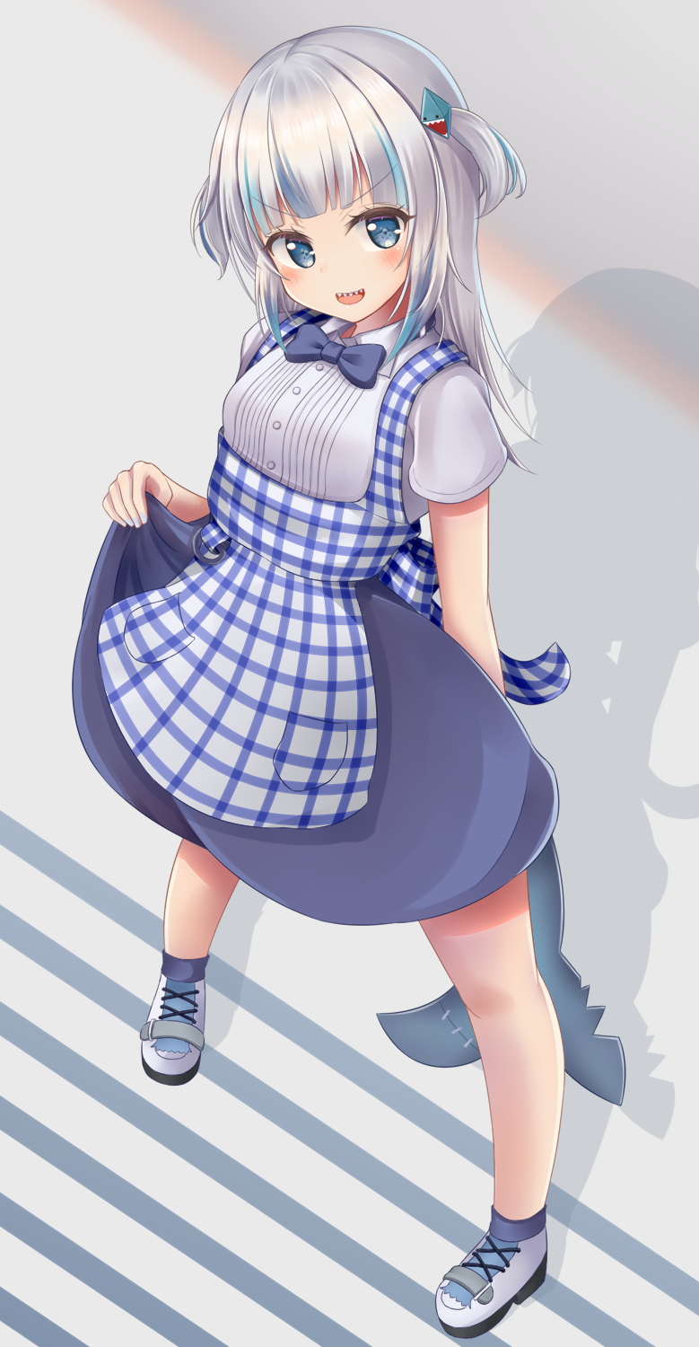1girl, :d, alternate_costume, apron, blue_apron, blue_eyes, blue_hair, blue_skirt