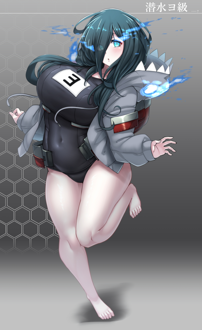 1girl, absurdres, abyssal_ship, aqua_eyes, aqua_hair, bare_legs, barefoot, black_one-piece_swimsuit