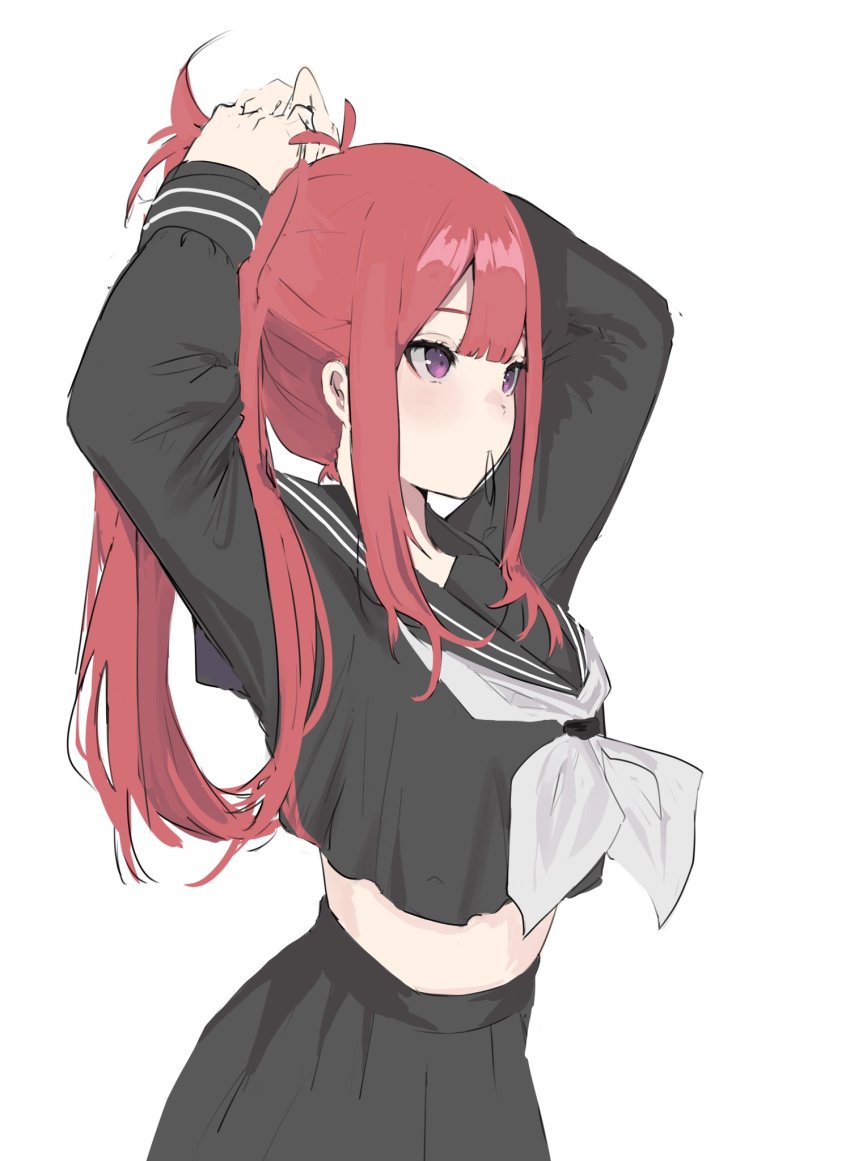 1girl, alternate_costume, alternate_hairstyle, atelier_live, black_serafuku, black_skirt, commentary, crop_top