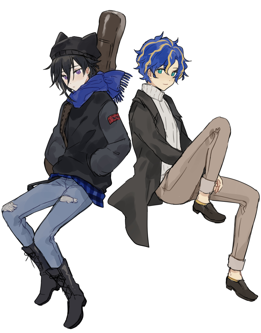 2boys, alternate_costume, aqua_eyes, astel_leda, black_coat, black_footwear, black_hair, black_headwear