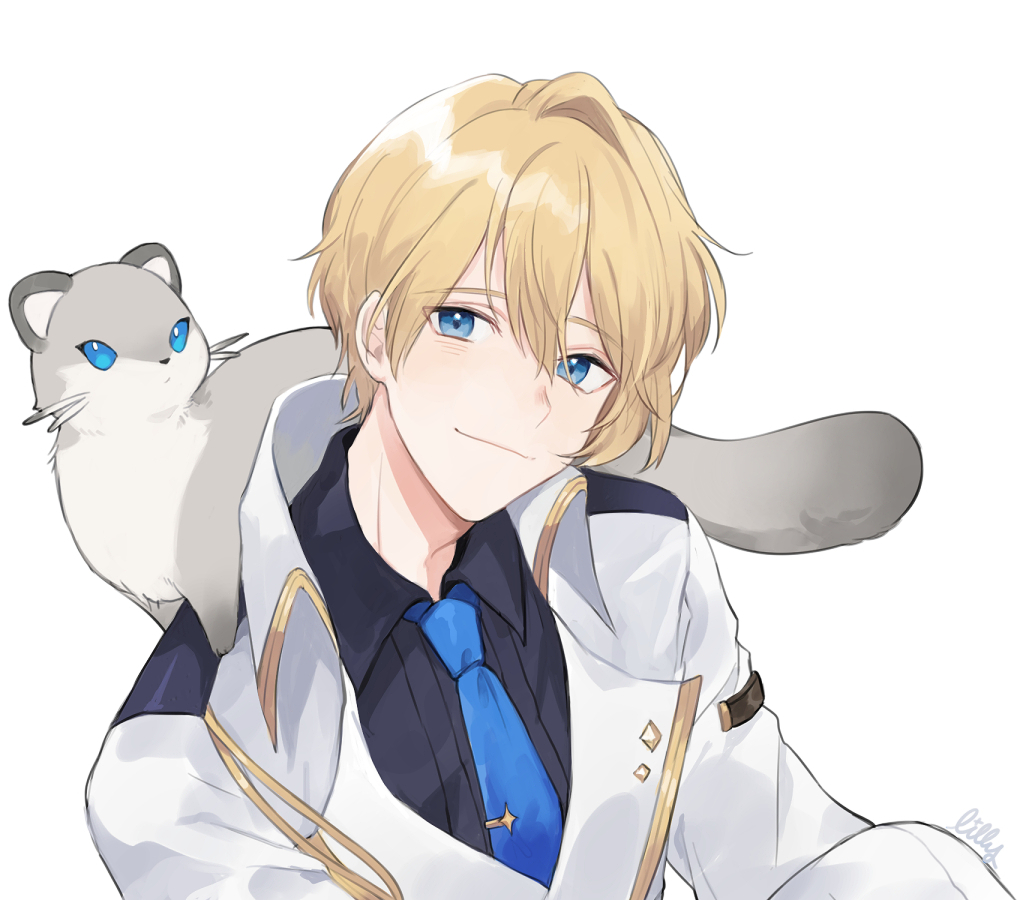 1boy, animal, animal_on_shoulder, black_shirt, blonde_hair, blue_eyes, blue_neckwear, closed_mouth