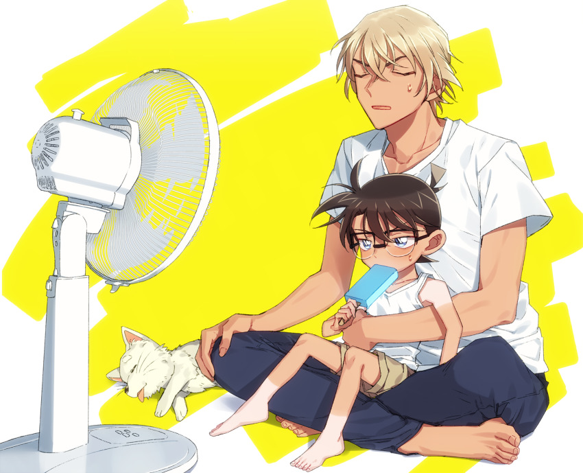 3boys, amuro_haro, amuro_tooru, animal, arm_around_another's_waist, barefoot, black-framed_eyewear, blonde_hair, blue_eyes, blue_pants, brown_hair, brown_shorts, casual, child, closed_eyes, collarbone, commentary_request, dog, edogawa_conan, electric_fan, fanning_self, feet, fingernails, food, food_in_mouth, full_body, glasses, hair_between_eyes, haro_(meitantei_conan), holding, holding_food, hot, indian_style, k_(gear_labo), male_focus, meitantei_conan, multiple_boys, open_mouth, pants, popsicle, shirt, short_hair, short_sleeves, shorts, sitting, sitting_on_lap, sitting_on_person, sleeveless, sleeveless_shirt, sweat, tan, tanline, toenails, toes, tongue, tongue_out, two-tone_background, white_background, white_dog, yellow_background