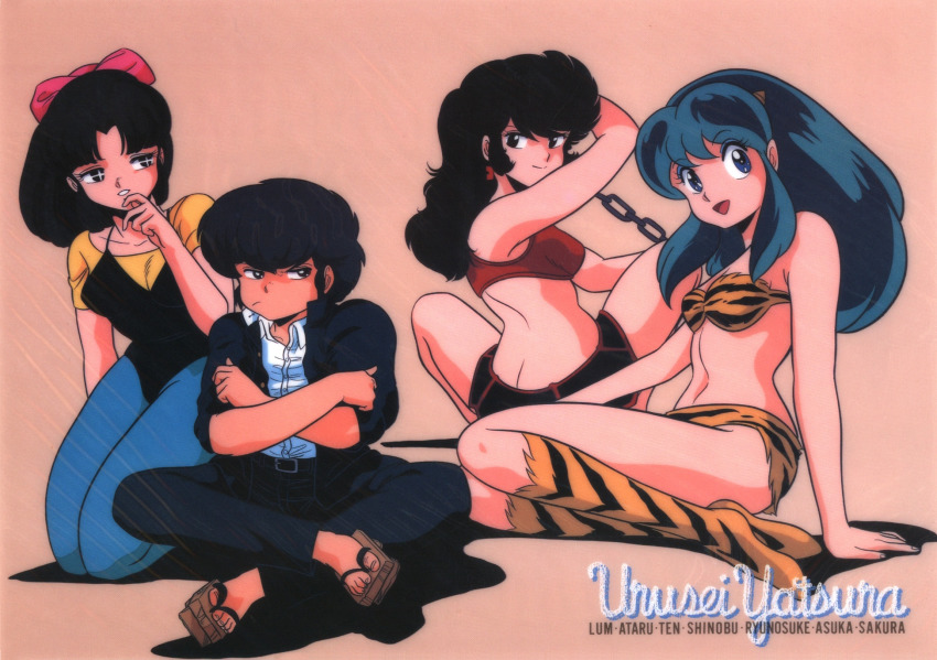 1980s_(style), 4girls, benten_(urusei_yatsura), bikini, black_eyes, black_hair, boots, character_name, cone_horns, copyright_name, crossed_arms, fujinami_ryuunosuke, green_hair, highres, horns, knee_boots, leotard, long_hair, looking_at_viewer, lum, mizunokouji_asuka, multiple_girls, navel, official_art, oldschool, oni, open_mouth, pantyhose, parted_lips, retro_artstyle, scan, shadow, short_hair, simple_background, sitting, smile, strapless, strapless_bikini, swimsuit, urusei_yatsura