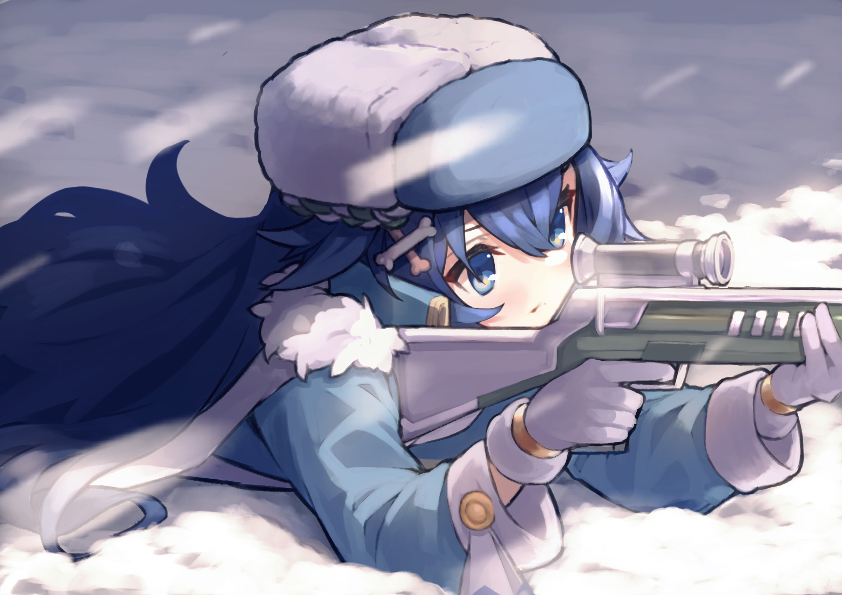 1girl, blue_eyes, blue_hair, blue_hat, bone_hair_ornament, buttoned_cuffs, buttons, fur_hat, fur_trim, gloves, gun, hair_between_eyes, hair_ornament, hairpin, hat, long_hair, lying, mist_train_girls, murmansk_(mist_train_girls), on_stomach, rifle, scope, sniping, snow, snowing, solo, tomisaka_yorui, ushanka, weapon, white_gloves, white_hat