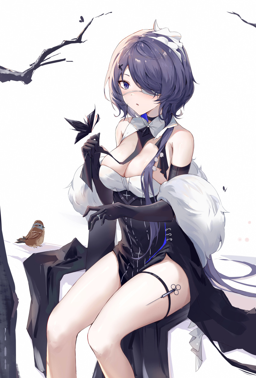 1girl, :o, absurdres, arknights, asymmetrical_hair, bare_legs, bare_shoulders, bird