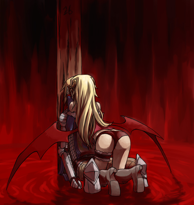 1boy, 1girl, armor, armored_boots, ass, belt, black_panties, blonde_hair