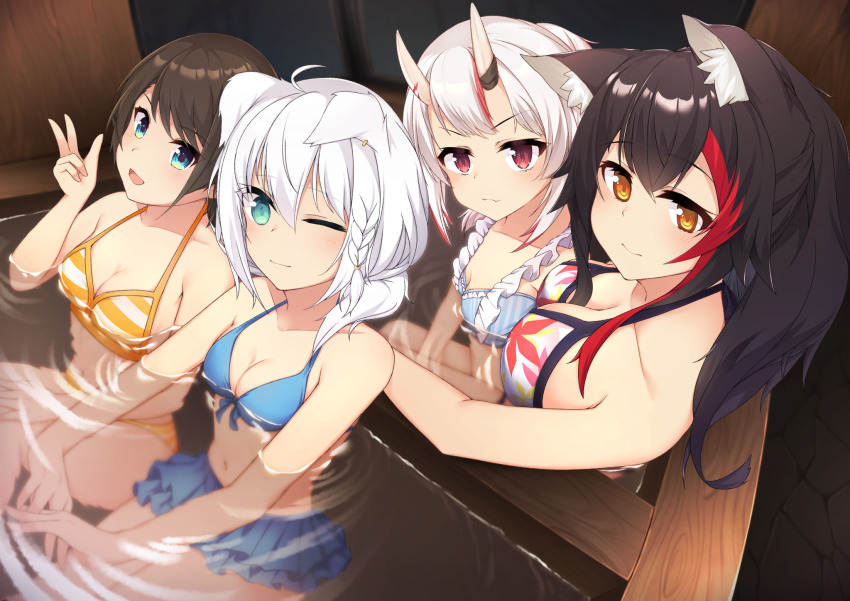 4girls, animal_ear_fluff, animal_ears, bath, bathing, bikini, bikini_skirt, black_hair, braid, breasts, brown_hair, cleavage, commentary, earrings, fams_(group), fox_ears, fox_girl, green_eyes, hair_between_eyes, highres, hololive, horns, indoors, jewelry, long_hair, looking_at_viewer, medium_breasts, multicolored_hair, multiple_girls, nakiri_ayame, nakiri_ayame_(hololive_summer_2019), navel, ofuro, one_eye_closed, ookami_mio, ookami_mio_(hololive_summer_2019), oozora_subaru, oozora_subaru_(hololive_summer_2019), otaku_heishi, partially_submerged, red_eyes, red_hair, shirakami_fubuki, shirakami_fubuki_(hololive_summer_2019), short_hair, sidelocks, single_braid, skin-covered_horns, small_breasts, swept_bangs, swimsuit, untranslatable_commentary, two-tone_hair, virtual_youtuber, white_hair, wolf_ears, wolf_girl, yellow_eyes