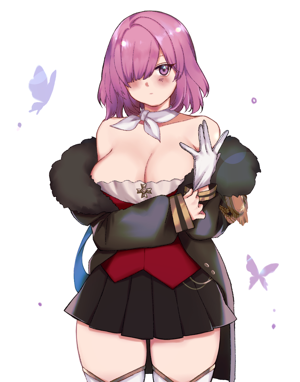 1girl, azur_lane, bare_shoulders, black_coat, black_skirt, breasts, bug, butterfly