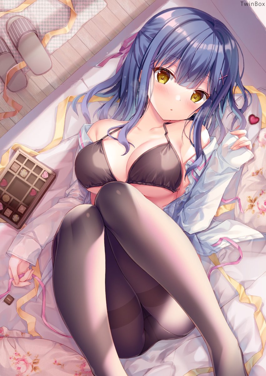 1girl, bare_shoulders, black_bra, black_panties, black_pantyhose, blanket, blunt_bangs, blush, book, bra, breasts, circle_name, collarbone, from_above, hair_ornament, hand_up, highres, holding_sash, indoors, knees_up, large_breasts, long_hair, long_sleeves, looking_at_viewer, looking_up, lying, messy_hair, nanami_yuuno, off-shoulder_shirt, off_shoulder, on_back, original, panties, pantyhose, parted_lips, purple_eyes, sash, shirt, sidelocks, sleeves_past_wrists, slippers, solo, sousouman, thigh_strap, underwear, white_shirt, wooden_floor, x_hair_ornament, yellow_eyes