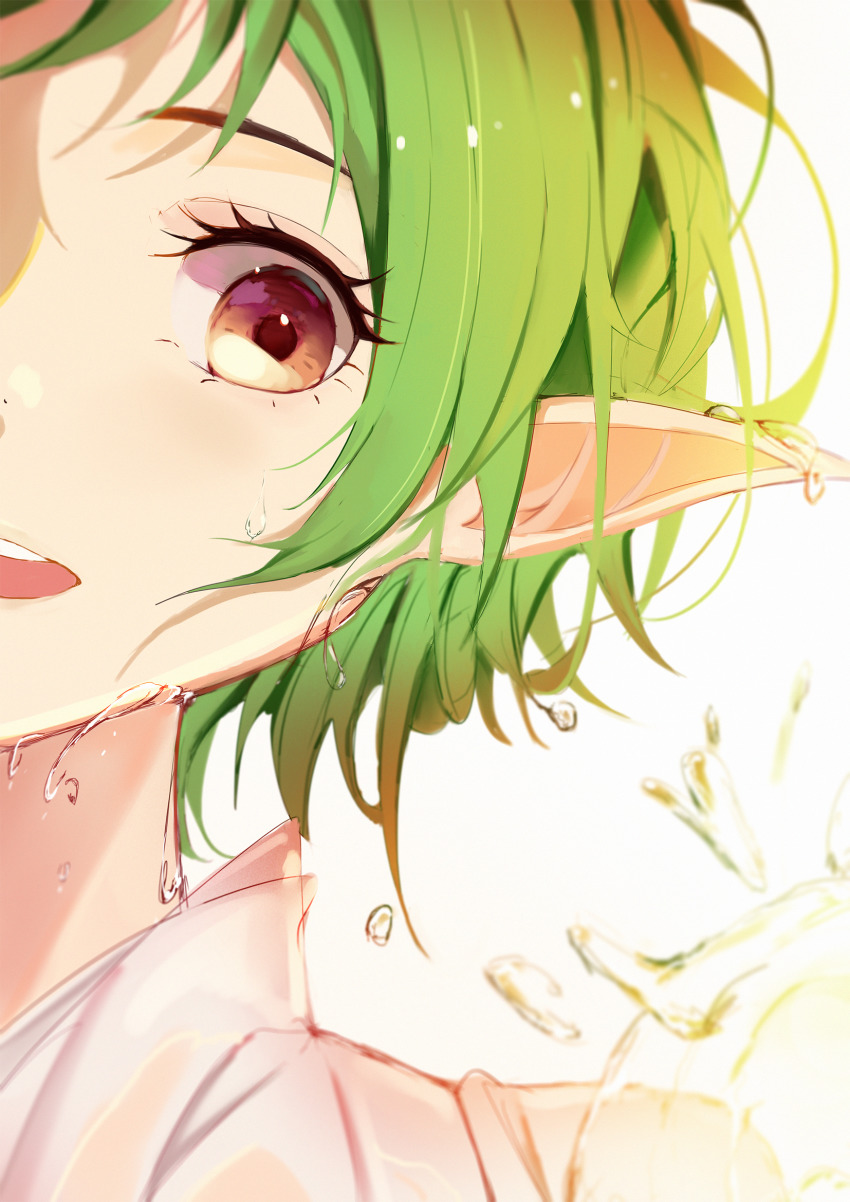 1girl, brown_eyes, chinese_commentary, close-up, elf, eyebrows_hidden_by_hair, green_hair, highres, jijing_zishui, looking_down, mushoku_tensei, open_mouth, pointy_ears, shirt, short_hair, solo, sylphiette_(mushoku_tensei), water, wet, white_background, white_shirt