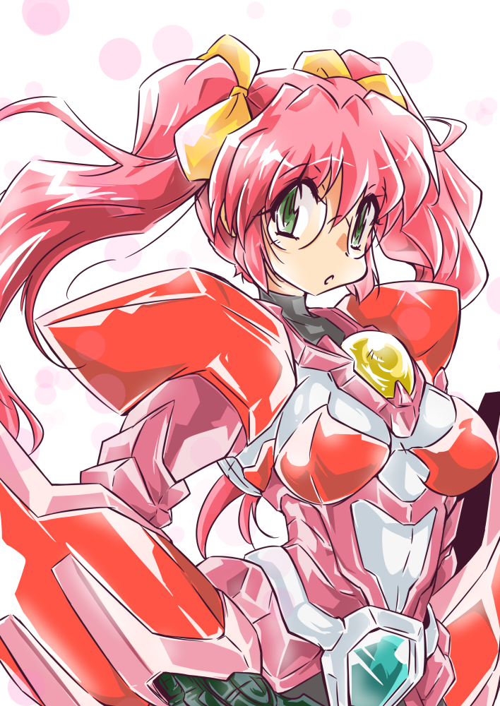 1990s_(style), 1girl, :o, amagi_hikaru, armor, bow, chou_kousoku_grandoll, glasses