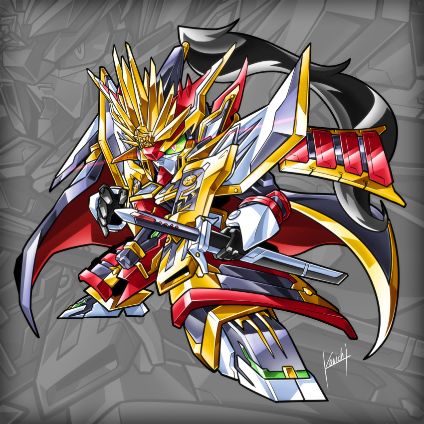 black_hair, glowing, glowing_eyes, green_eyes, gundam, highres, holding, holding_sword