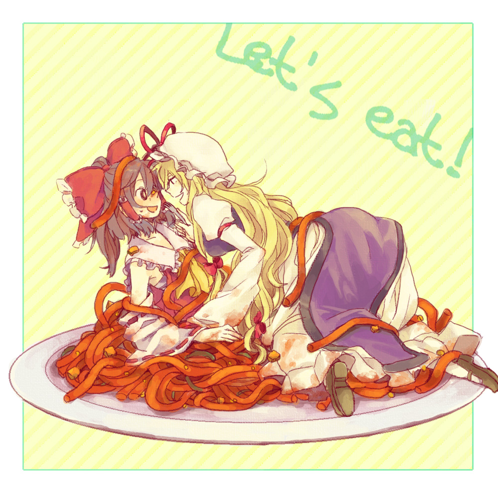 2girls, bad_id, bad_pixiv_id, blonde_hair, bow, brown_hair, detached_sleeves, dirty, english_text, female_focus, food, food_girl, hakurei_reimu, hat, in_food, japanese_clothes, long_hair, messy, miko, mini_person, minigirl, multiple_girls, ogi_(sham00), on_plate, pasta, sham_(orange_juice), short_hair, spaghetti, stain, touhou, yakumo_yukari, yuri