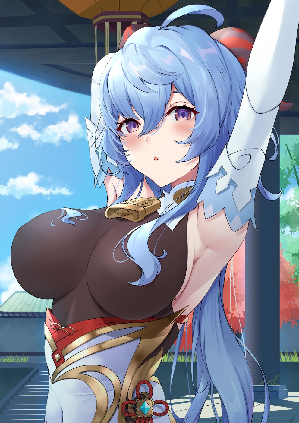 1girl, ahoge, armpits, arms_up, bare_shoulders, bell, black_gloves, blue_hair