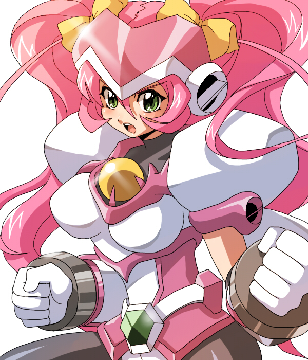 1girl, :o, amagi_hikaru, armor, bow, chou_kousoku_grandoll, clenched_hands, gloves, green_eyes, hair_bow, inaho, long_hair, looking_at_viewer, mecha_musume, open_mouth, pink_hair, solo, twintails, white_background, white_gloves, yellow_bow