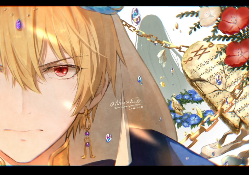 2boys, artist_name, back-to-back, blonde_hair, blue_flower, blurry, chain, chromatic_aberration