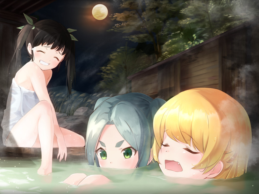 3girls, ^_^, barefoot, black_hair, blonde_hair, closed_eyes, commentary, fang