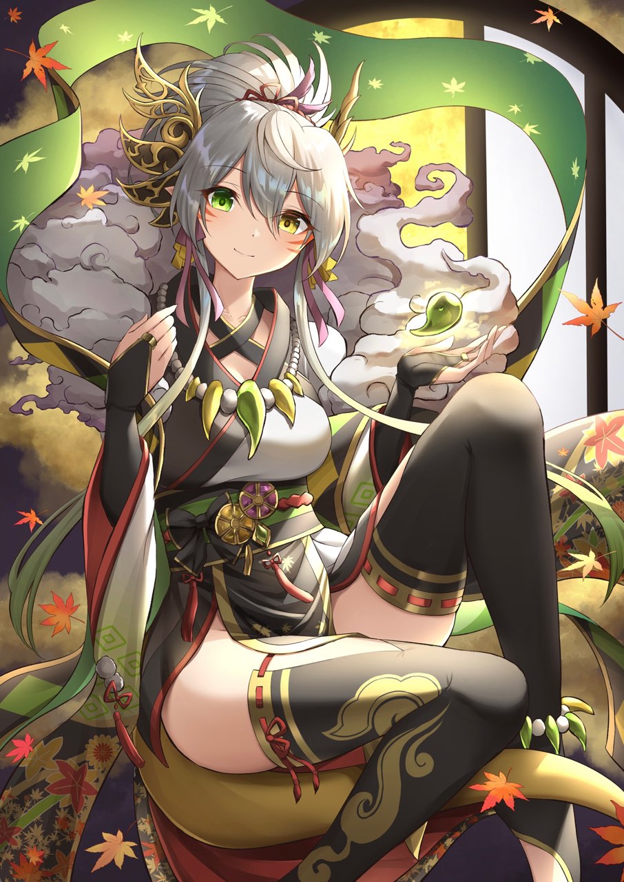 1girl, bad_id, bad_pixiv_id, black_thighhighs, breasts, bridal_gauntlets, closed_mouth, dragon_girl, dragon_tail, facial_mark, floating, green_eyes, green_theme, hair_between_eyes, hair_ornament, hands_up, heterochromia, highres, horns, japanese_clothes, kaede_(p&amp;d), kanaria_hisagi, knee_up, leaf, legs, levitation, looking_at_viewer, medium_breasts, pointy_ears, puzzle_&amp;_dragons, red_ribbon, ribbon, short_hair, silver_hair, sitting, smile, solo, tail, thighhighs, whisker_markings, wide_sleeves, yellow_eyes, yellow_tail