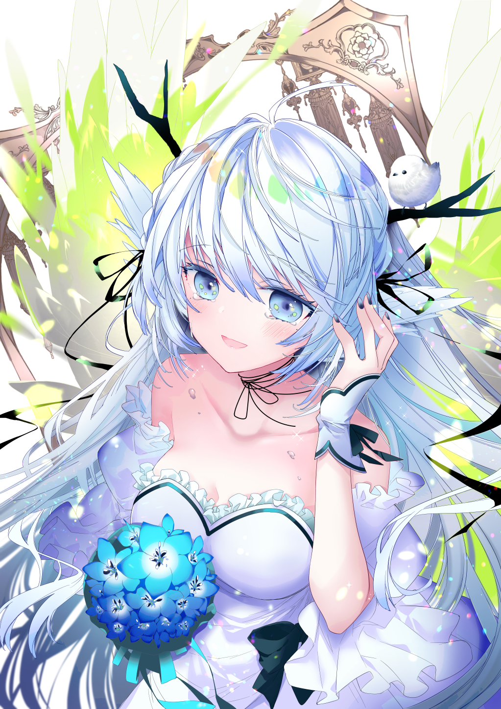 1girl, :d, bird, black_ribbon, blue_eyes, blue_flower, blue_nails, bouquet, breasts, choker, cleavage, collarbone, detached_sleeves, dress, floating_hair, flower, hair_between_eyes, hair_ribbon, highres, holding, holding_bouquet, konataeru, long_hair, medium_breasts, nail_polish, open_mouth, original, ribbon, ribbon_choker, shimanaga_ena, silver_hair, smile, solo, strapless, strapless_dress, tears, upper_body, very_long_hair, virtual_youtuber, wedding_dress, white_dress, white_sleeves