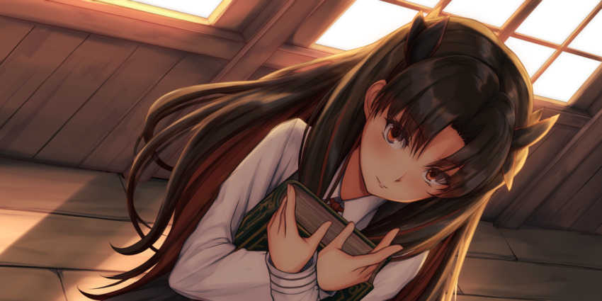 1girl, anatamo, black_bow, black_hair, bow, collared_shirt, crossed_arms, dutch_angle