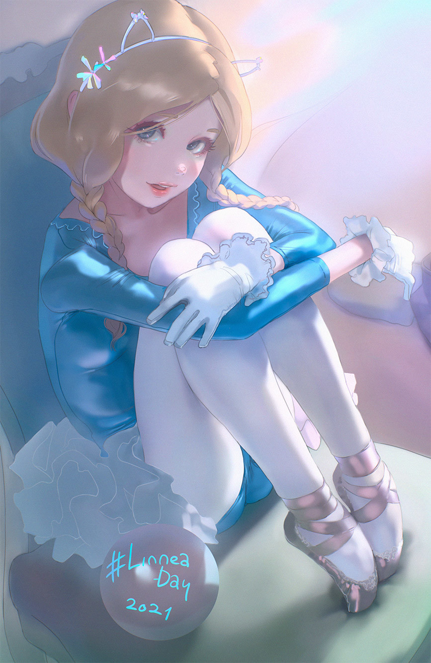 1=2, 1girl, :d, athletic_leotard, ballerina, ballet_slippers, baraag, blonde_hair, blue_eyes, blue_leotard, braid, cameltoe, chair, dated, gloves, hairband, hashtag, highres, hugging_own_legs, leotard, linnea_(baraag), lipstick, long_hair, long_sleeves, looking_at_viewer, makeup, on_chair, open_mouth, original, pantyhose, red_lips, sitting, smile, solo, twin_braids, twintails, white_gloves, white_pantyhose