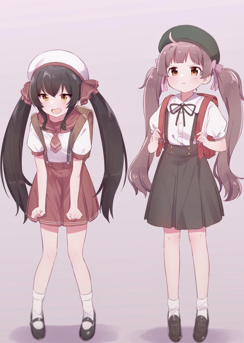 2girls, :i, ahoge, angry, backpack, bag, beret, black_footwear