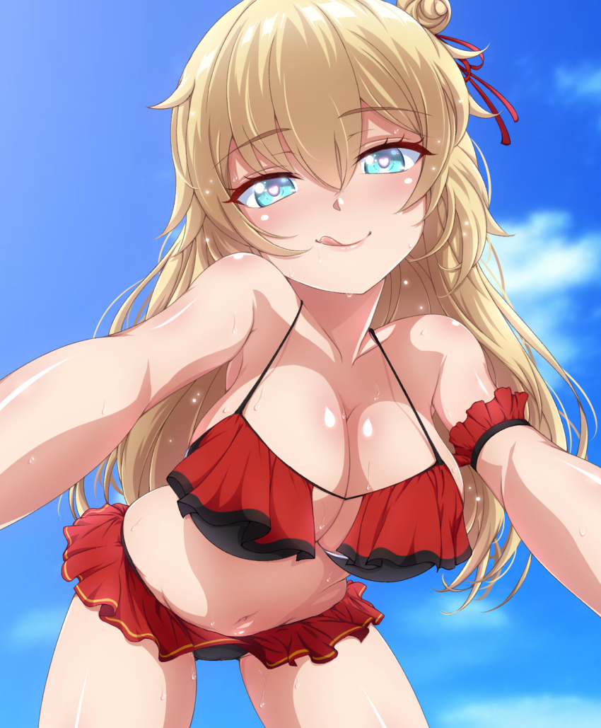 1girl, :q, akai_haato, akai_haato_(hololive_summer_2019), bare_shoulders, bikini, blonde_hair, blue_eyes
