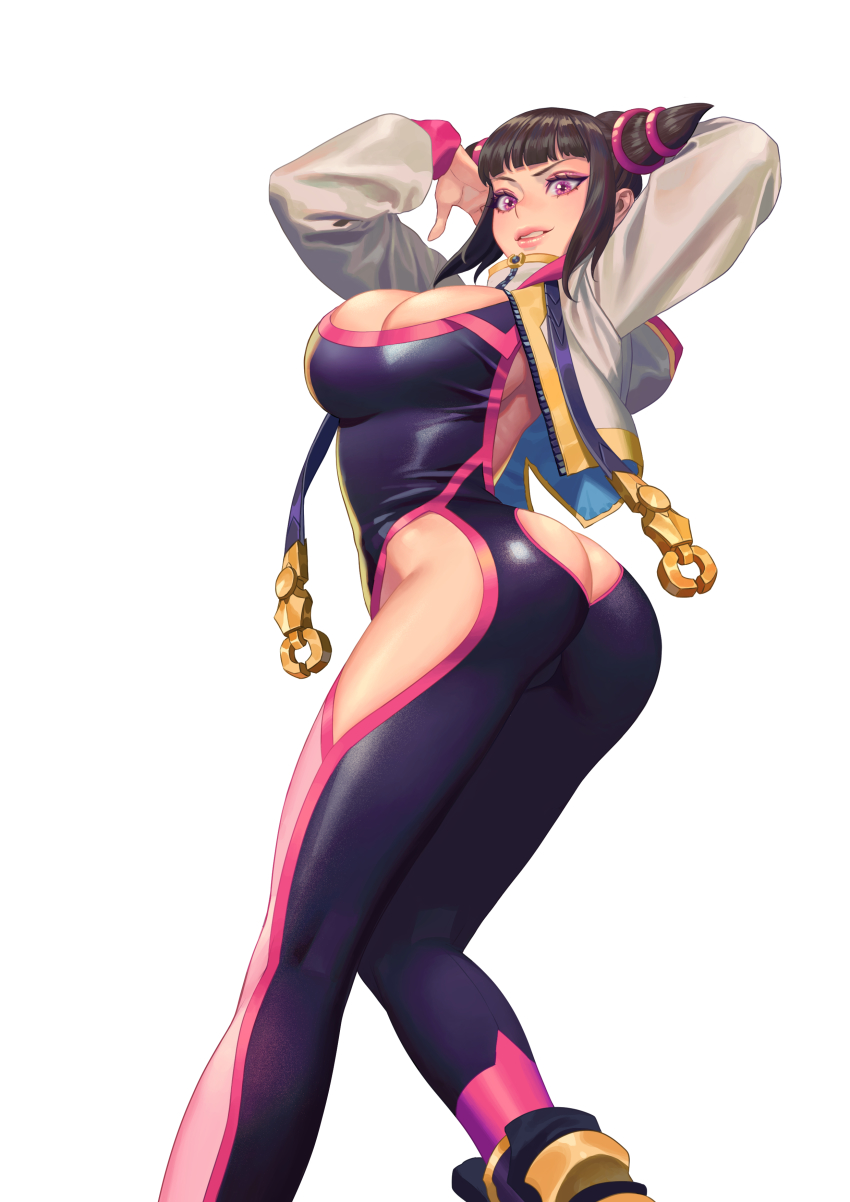 1girl, absurdres, arm_behind_back, arms_up, artist_request, ass, ass_cutout, black_hair, blunt_bangs, breasts, butt_crack, cleavage, clothing_cutout, commission, from_below, han_juri, highres, long_hair, purple_eyes, revealing_clothes, rubimo, simple_background, solo, street_fighter, thighs, white_background