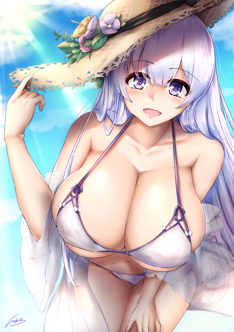 1girl, azur_lane, bikini, bow, bow_bikini, breasts, cleavage, covered_erect_nipples, female_focus, hat, huge_breasts, ibara_azuki, leaning_forward, light_purple_hair, long_hair, looking_at_viewer, multiple_straps, navel, official_alternate_costume, open_mouth, purple_eyes, rodney_(azur_lane), rodney_(future_seaside_admiral)_(azur_lane), see-through_clothes, skindentation, solo, straw_hat, sun_hat, swimsuit, underboob, white_bikini