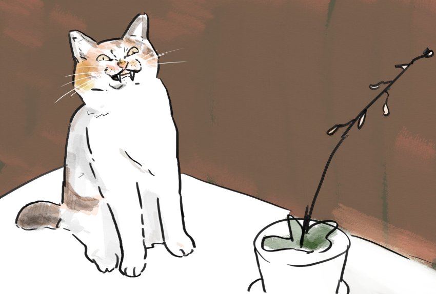 :3, animal_focus, black_eyes, brown_background, cat, colored_sclera, fangs, full_body