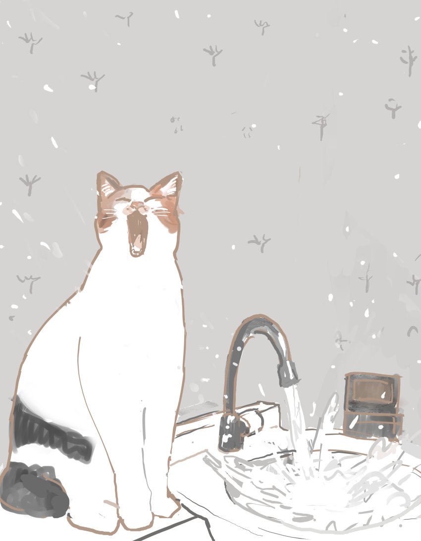 :3, absurdres, animal_focus, cat, closed_eyes, faucet, full_body, grey_background