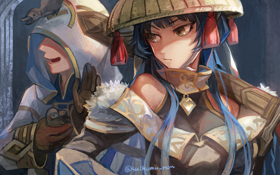 1boy, 1girl, athena_(fire_emblem), baby_animal, bare_shoulders, bird, blue_hair, duck