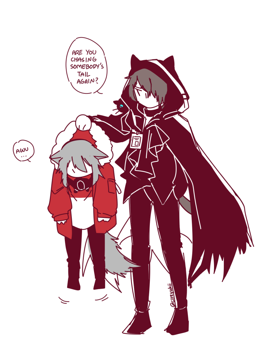 1girl, animal_ears, animal_hood, arknights, black_cloak, cat_boy, cat_hood, cat_tail, cloak, english_text, fur-trimmed_hood, fur_trim, grey_hair, highres, hood, hood_lift, hooded_cloak, hooded_jacket, jacket, mask_around_neck, phantom_(arknights), projekt_red_(arknights), simple_background, tail, wolf_girl, wolf_tail, yukii