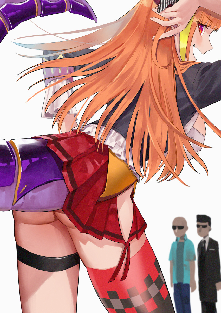 1girl, 2boys, absurdres, aqua_shirt, ass, asymmetrical_legwear, bald, black_jacket, black_neckwear, black_suit, black_thighhighs, blonde_hair, blunt_bangs, blush, bow, bowtie, breasts, checkered_clothes, checkered_legwear, cleavage_cutout, clothing_cutout, commentary_request, dragon_girl, dragon_horns, dragon_tail, fang, formal_clothes, from_behind, gradient_eyes, green_shirt, hand_on_own_hip, hand_up, highres, hip_vent, hololive, horn_bow, horn_ornament, horns, huge_filesize, jacket, karasu_ur, kiryu_coco, kiryu_coco_(1st_costume), large_breasts, long_hair, looking_at_viewer, looking_back, miniskirt, multicolored_eyes, multicolored_hair, multiple_boys, necktie, open_clothes, open_mouth, open_shirt, orange_hair, pleated_skirt, pointy_ears, purple_eyes, red_eyes, red_skirt, scales, shirt, short_hair, side-tie_skirt, simple_background, single_thighhigh, skin_fang, skindentation, skirt, slit_pupils, smile, solo_focus, streaked_hair, striped, suit, sunglasses, tail, thick_thighs, thigh_strap, thighhighs, thighs, uneven_legwear, virtual_youtuber, white_shirt, wings, zettai_ryouiki