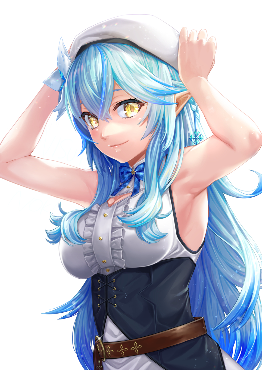 1girl, armpits, arms_up, bare_arms, belt, beret, blue_bow, blue_bowtie