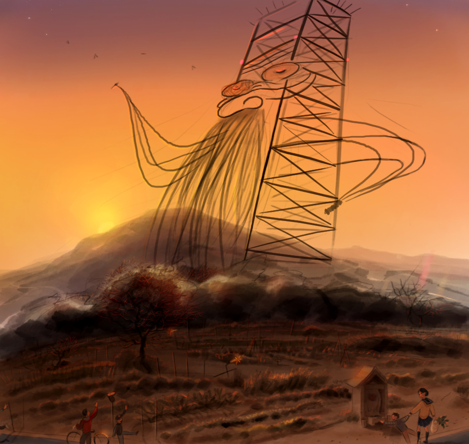 1girl, 3boys, bird, building, landscape, light, multiple_boys, mushiyoshi