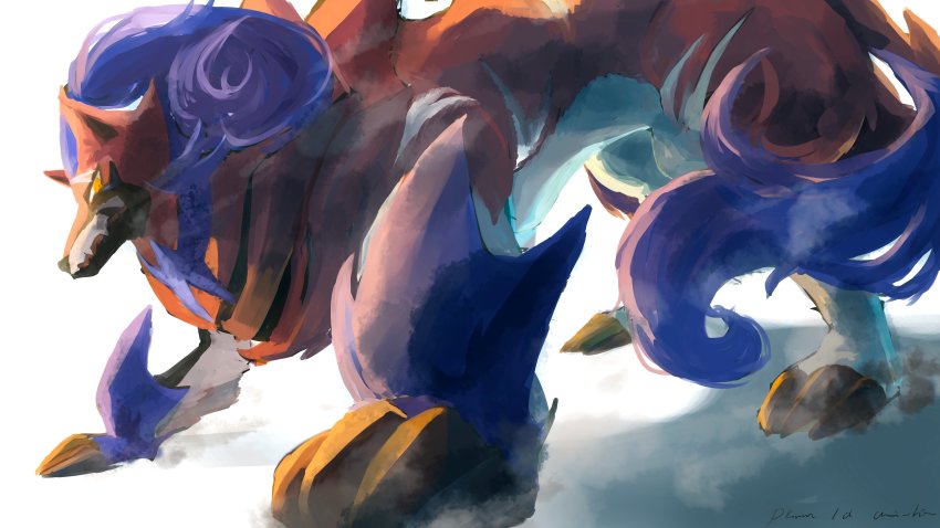 absurdres, animal_focus, artist_name, blue_hair, claws, closed_mouth, copyright_name, fangs