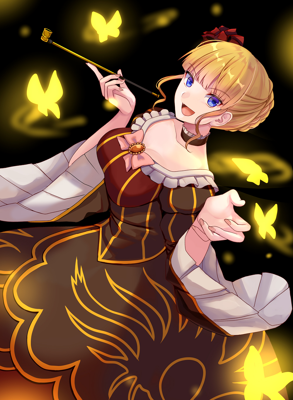 1girl, :d, akausagi, beatrice_(umineko), black_background, black_choker, blonde_hair, blue_eyes, bug, butterfly, choker, dress, flower, frilled_choker, frills, hair_flower, hair_ornament, highres, holding, holding_smoking_pipe, insect, long_sleeves, open_mouth, pink_ribbon, red_flower, ribbon, smile, smoking_pipe, solo, umineko_no_naku_koro_ni, wide_sleeves