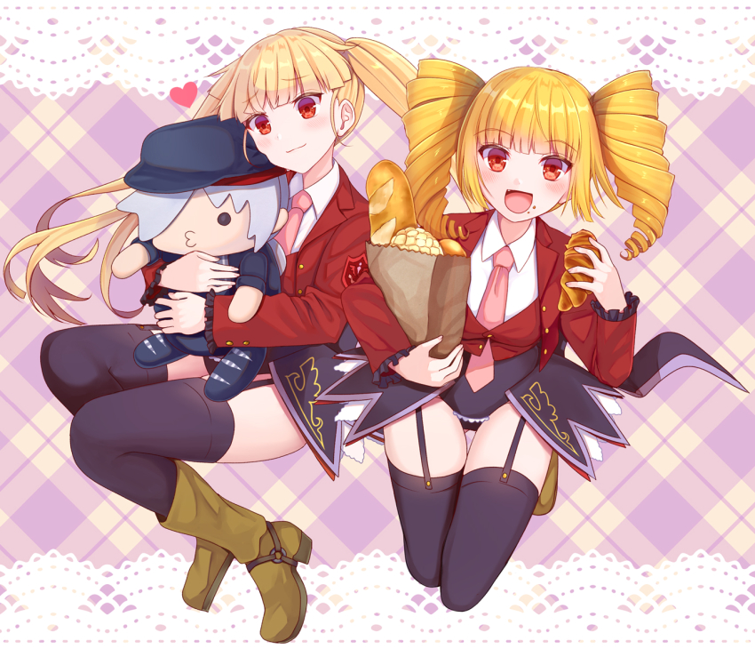 2girls, :d, akausagi, asmodeus_(umineko), bag, baguette, beelzebub_(umineko), black_legwear