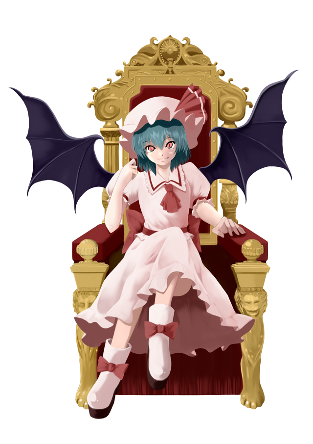 1girl, bat_wings, blue_hair, boots, crossed_legs, dress, female_focus, hat