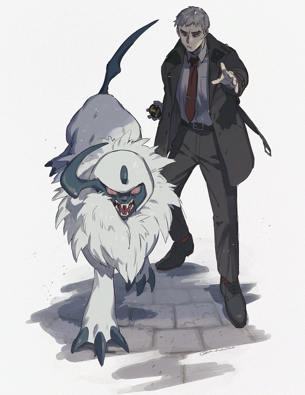 1boy, absol, alternate_costume, bad_id, bad_twitter_id, belt, belt_buckle, buckle, buttons, claws, collared_shirt, commentary_request, gen_3_pokemon, grey_hair, grey_shirt, highres, holding, holding_poke_ball, jacket, legs_apart, long_sleeves, male_focus, nanu_(pokemon), necktie, nintendo, open_clothes, open_jacket, pants, parted_lips, poke_ball, pokemon, pokemon_(creature), pokemon_sun_and_moon, red_legwear, red_neckwear, shirt, shoes, short_hair, socks, standing, ultra_ball, x_hako