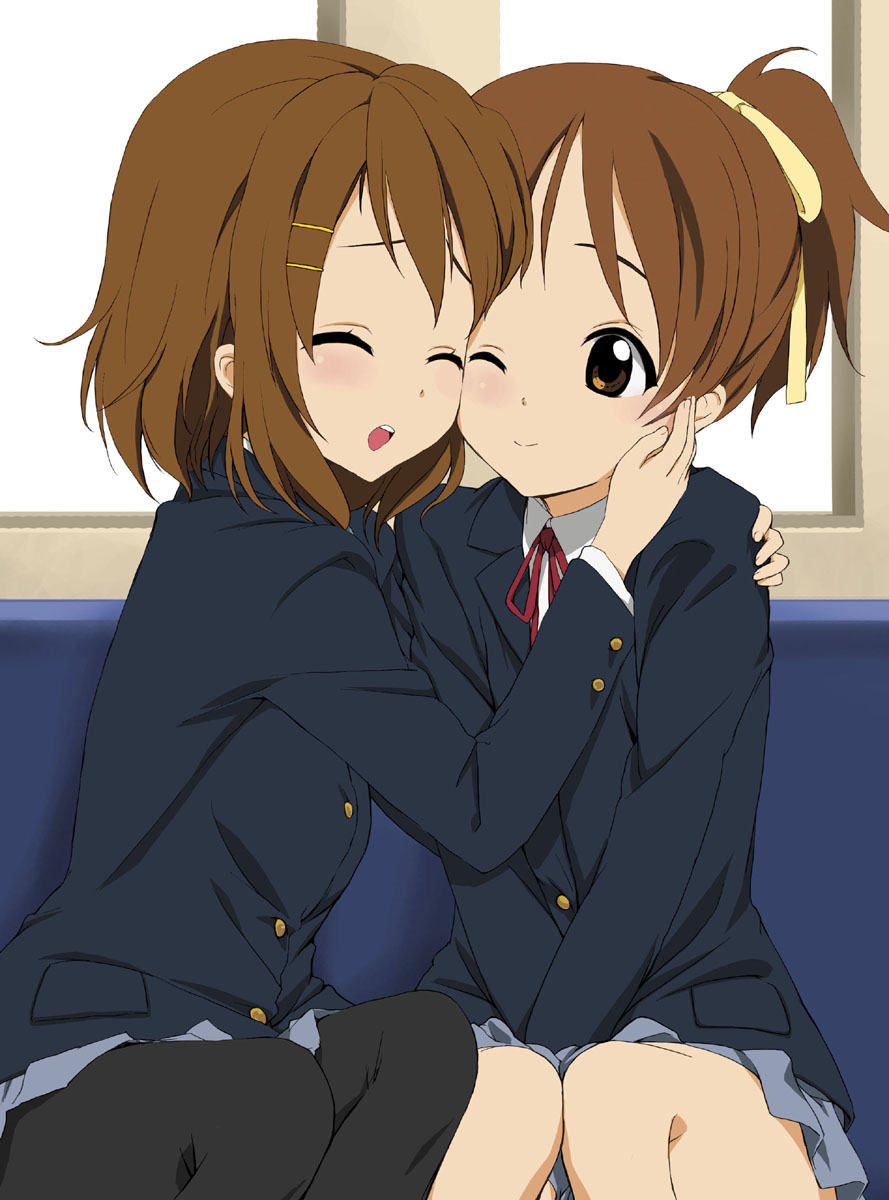 00s, 2girls, bad_id, bad_pixiv_id, blush, bow, bowtie, brown_eyes