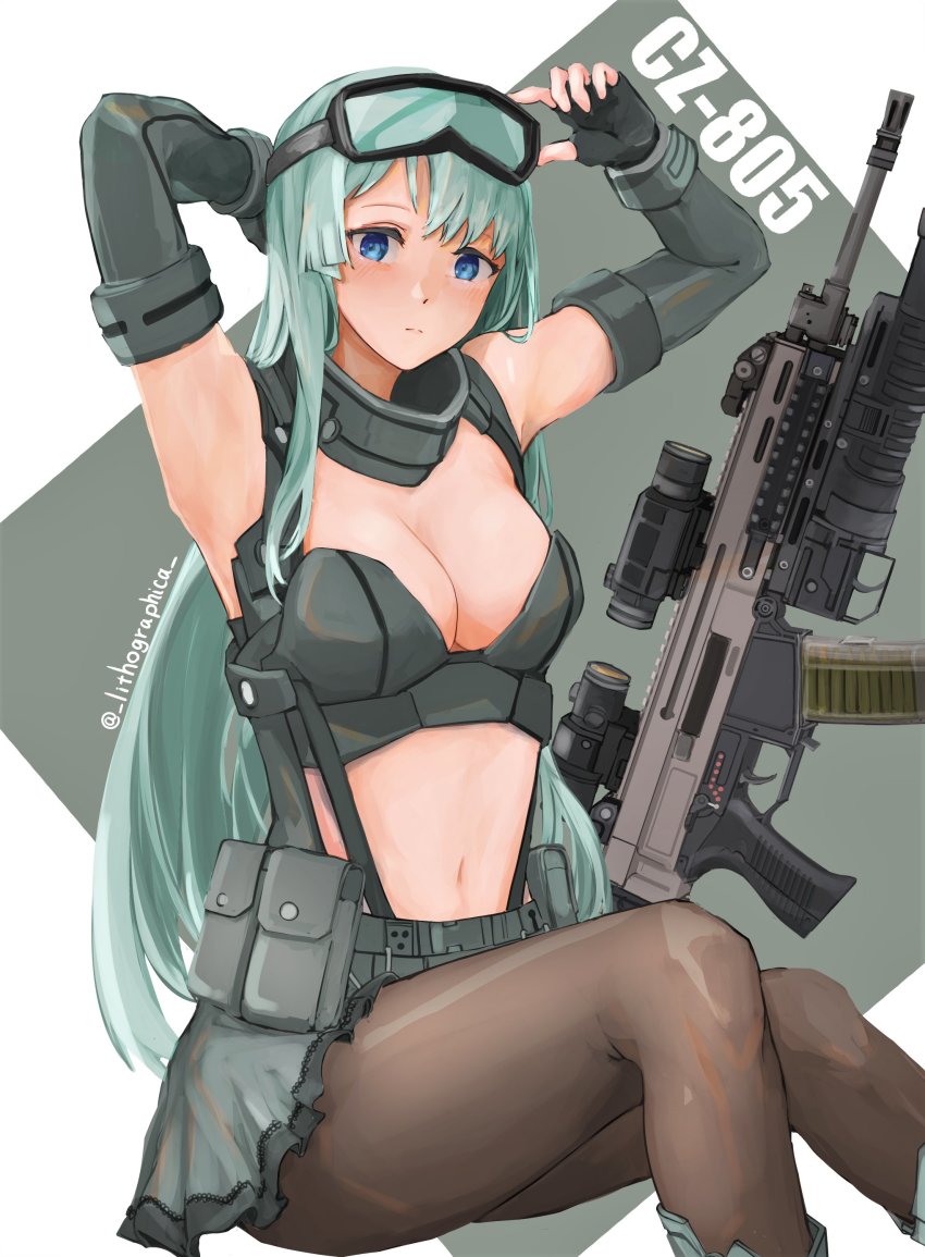 1girl, absurdres, ammunition_pouch, aqua_hair, arm_guards, assault_rifle, black_gloves, black_jacket, black_pantyhose, blue_eyes, breasts, buckle, character_name, cleavage, closed_mouth, cz-805, cz-805_(girls'_frontline), cz_805_bren, fingerless_gloves, girls'_frontline, gloves, goggles, goggles_on_head, gun, highres, jacket, large_breasts, lithographica, long_hair, navel, neck_warmer, pantyhose, pouch, rifle, simple_background, sitting, skirt, snap-fit_buckle, solo, thigh_pouch, twitter_username, two-tone_background, weapon
