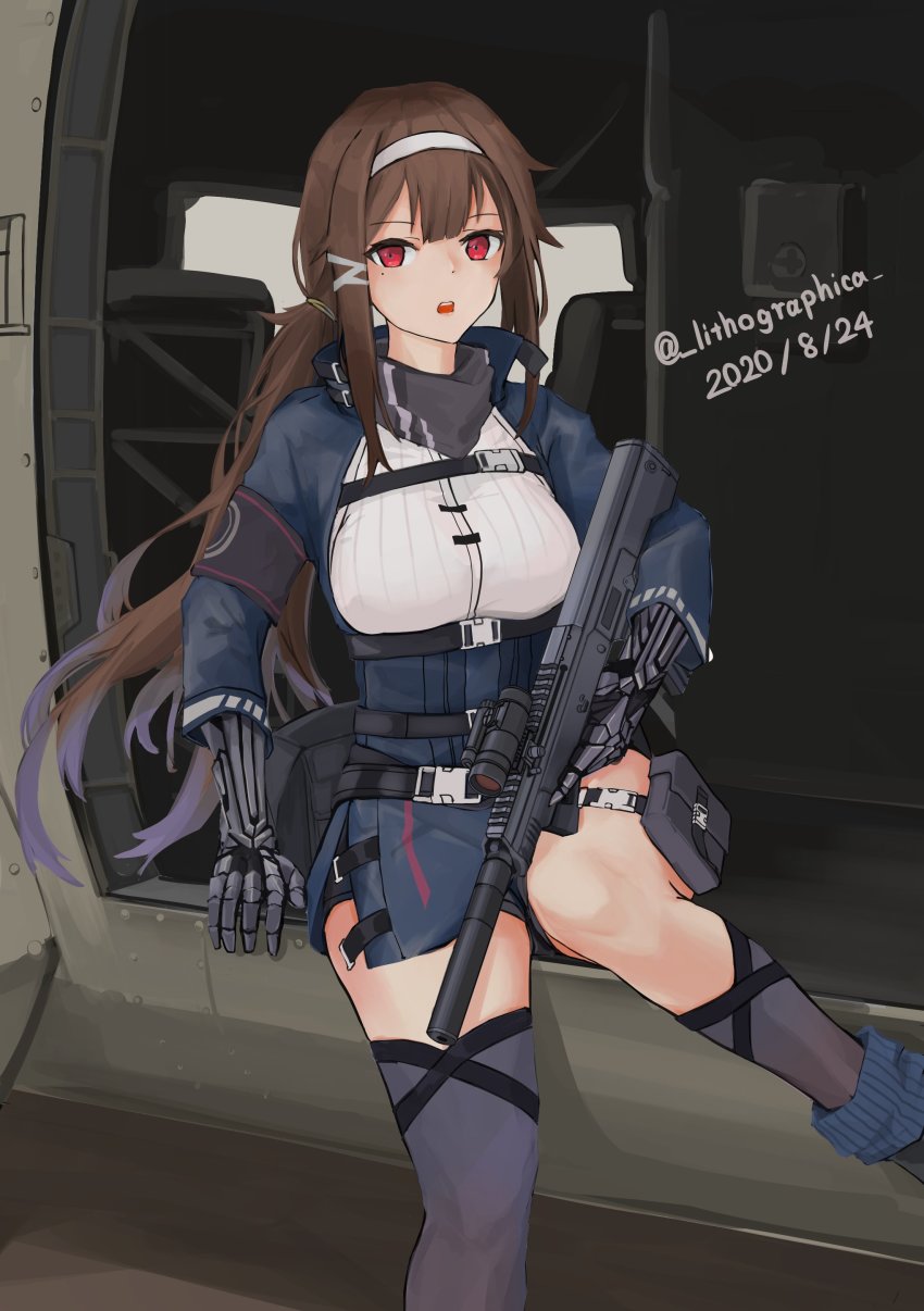 1girl, absurdres, asymmetrical_legwear, black_socks, blue_jacket, breasts, brown_hair, bullpup