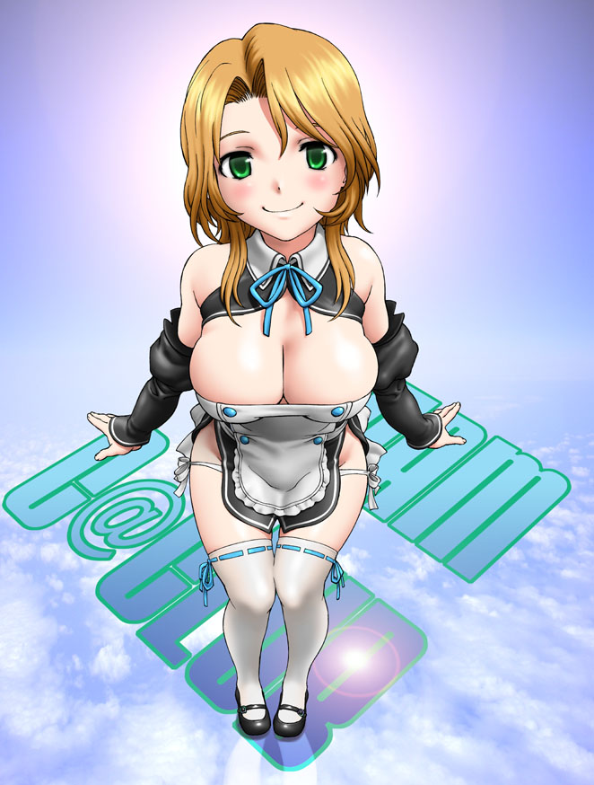 1girl, amasumi_ichika, bare_shoulders, breasts, brown_hair, cleavage, detached_sleeves, dream_c_club, dream_c_club_(series), female_focus, futaba_riho, green_eyes, large_breasts, saida_kazuaki, smile, solo, thighhighs