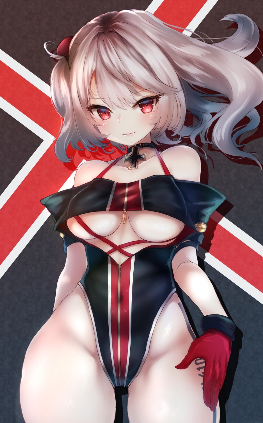 1girl, absurdres, azur_lane, bare_shoulders, black_one-piece_swimsuit, breasts, covered_navel, cross, cross_necklace, gloves, grey_hair, highleg, highleg_one-piece_swimsuit, highres, iron_cross, jewelry, leg_tattoo, long_hair, looking_at_viewer, medium_breasts, necklace, number_tattoo, one-piece_swimsuit, red_eyes, red_gloves, solo, swimsuit, tattoo, thighs, u-410_(azur_lane), underboob, yuu_cream, zipper