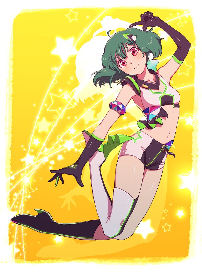 1girl, arm_strap, black_boots, black_gloves, boots, breasts, chaku_(horhor71), collarbone, elbow_gloves, gloves, green_hair, head_tilt, jumping, macross, macross_frontier, midriff, multicolored_boots, navel, pointing, ranka_lee, red_eyes, shorts, single_thigh_boot, small_breasts, smile, solo, star_(symbol), thigh_boots, thighhighs, two-tone_boots, uta_macross_sumaho_deculture, white_boots
